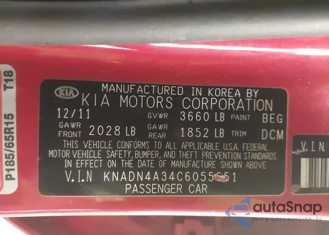 2012 Kia Rio Ex z USA, uszkodzony, nr VIN KNADN4A34C6055651